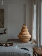 rattan floor lamp, handwoven rattan light, sculptural rattan lamp, pagoda floor lamp, bamboo lighting, natural rattan decor, artisan rattan lamp, southeast asian furniture, wabi-sabi lamp