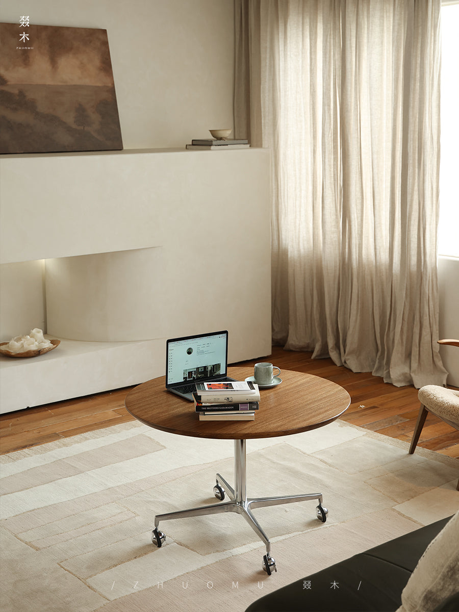 riku round table, adjustable wood table, solid wood modern furniture, japanese minimalist table, wabi sabi table, handcrafted table, piexlculpt studio, modern zen furniture, height adjustable table, multifunctional round desk