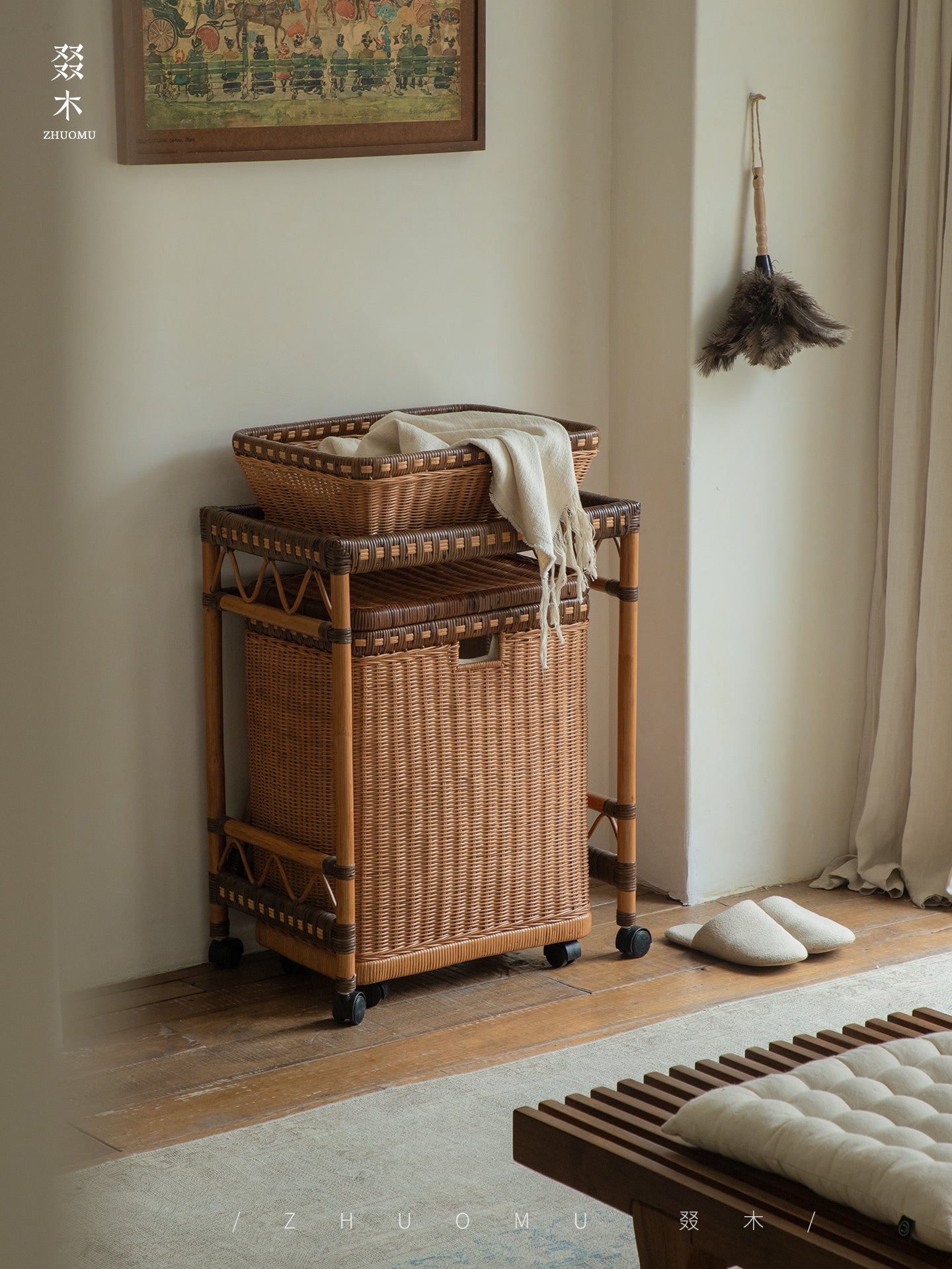 rattan trolley, rattan storage cart, handwoven rattan furniture, natural rattan shelf, bohemian home decor, rolling storage cart, handcrafted rattan organizer, rattan side cart