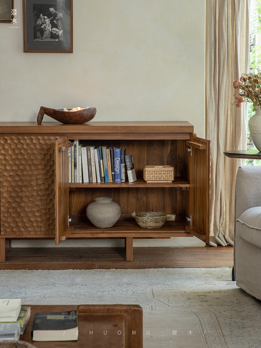 ripple wood cabinet, teak sideboard, solid wood buffet, handcrafted teak furniture, textured wood cabinet, artisan carved sideboard, wabi-sabi furniture, boho wood furniture, japanese scandi teak, handmade wooden buffet