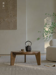 kiyo coffee table, round tea table, solid wood wabi sabi furniture, japanese minimalist furniture, zen table, handcrafted wooden table, low table, piexlculpt studio, natural oak coffee table, modern wabi sabi decor