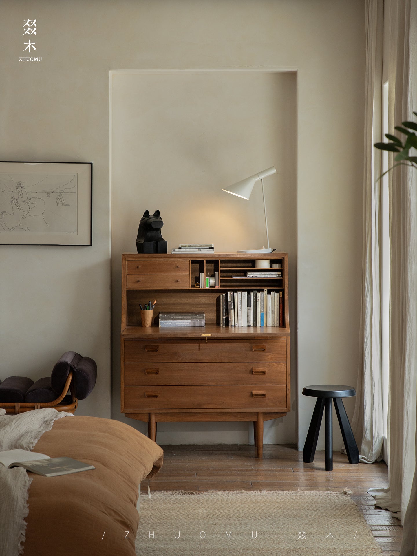 mid century secretary desk, teak writing cabinet, danish modern furniture, mcm teak desk, handcrafted wood furniture, vintage writing bureau, solid wood secretary desk, scandinavian teak furniture, minimalist wood desk