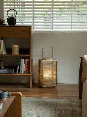 rattan lantern, wooden base lamp, handcrafted rattan light, wabi-sabi decor, natural rattan lighting, ambient table lamp, handmade home decor, rustic lantern, boho room lighting,