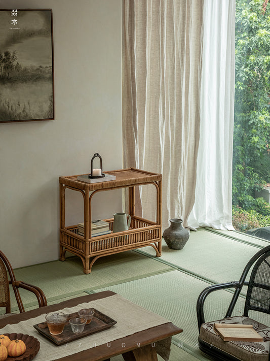 rattan console table, rattan side table, double tier rattan shelf, handwoven rattan furniture, natural rattan table, bohemian console, wabi-sabi decor, handmade rattan console, bamboo rattan furniture,