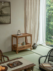 rattan console table, rattan side table, double tier rattan shelf, handwoven rattan furniture, natural rattan table, bohemian console, wabi-sabi decor, handmade rattan console, bamboo rattan furniture,