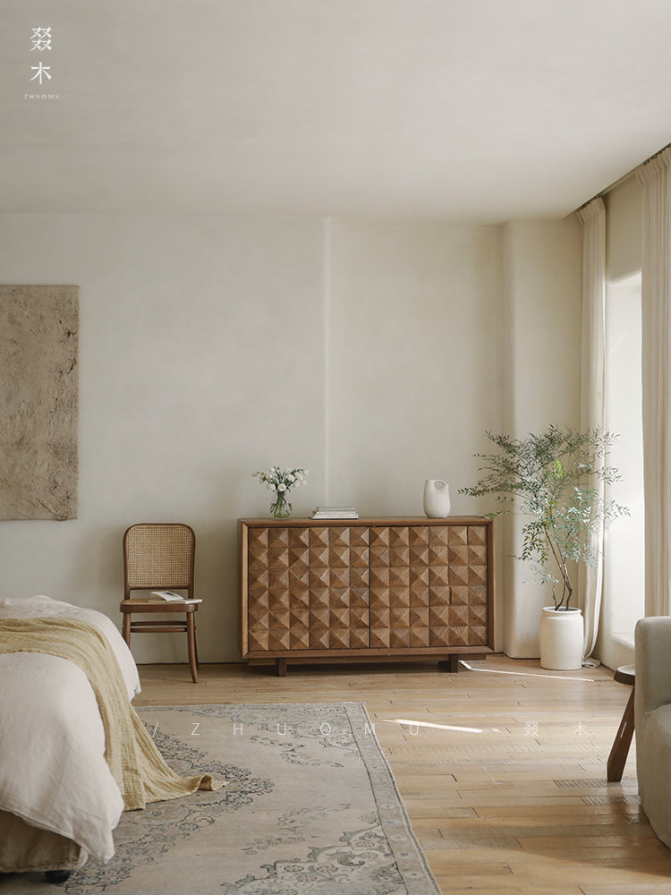 carved wood sideboard, solid wood cabinet, geometric furniture, handcrafted buffet, artisan storage cabinet, minimalist wood furniture, wabi-sabi sideboard, boho home furniture, modern natural wood cabinet