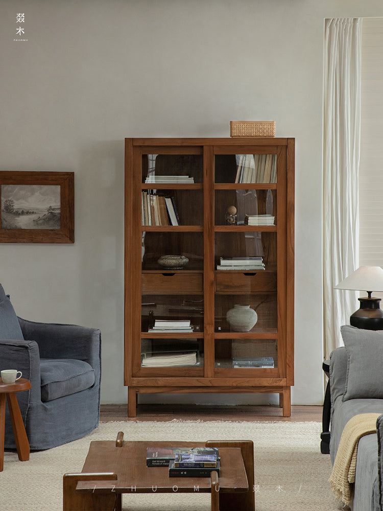 teak glass cabinet, solid wood display shelf, handcrafted teak furniture, glass door cabinet, artisan teak bookcase, minimalist wood furniture, wabi-sabi cabinet, boho wood storage, japanese scandi furniture