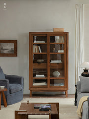 teak glass cabinet, solid wood display shelf, handcrafted teak furniture, glass door cabinet, artisan teak bookcase, minimalist wood furniture, wabi-sabi cabinet, boho wood storage, japanese scandi furniture