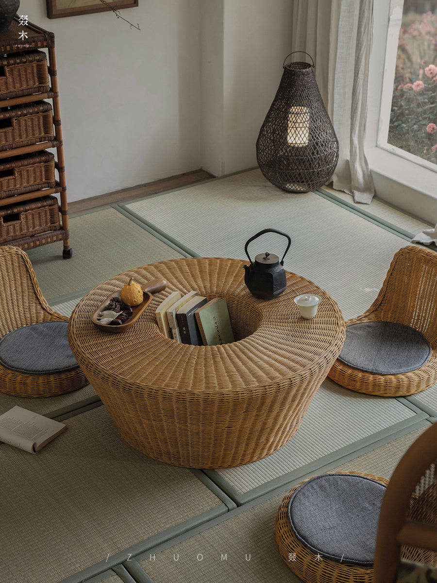 rattan tea set, rattan table and chairs, handwoven rattan furniture, round rattan table, bamboo tea table set, natural rattan decor, japanese tatami furniture, boho rattan furniture, artisan rattan set
