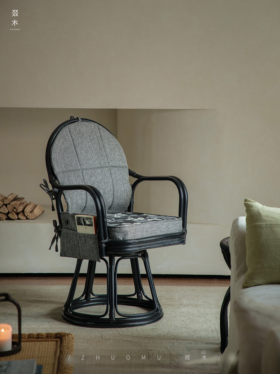 rattan swivel chair, handwoven rattan chair, rotating rattan chair, bamboo armchair, vintage rattan lounge chair, natural rattan furniture, handcrafted rattan seat, dining rattan chair, tea room chair, boho rattan furniture