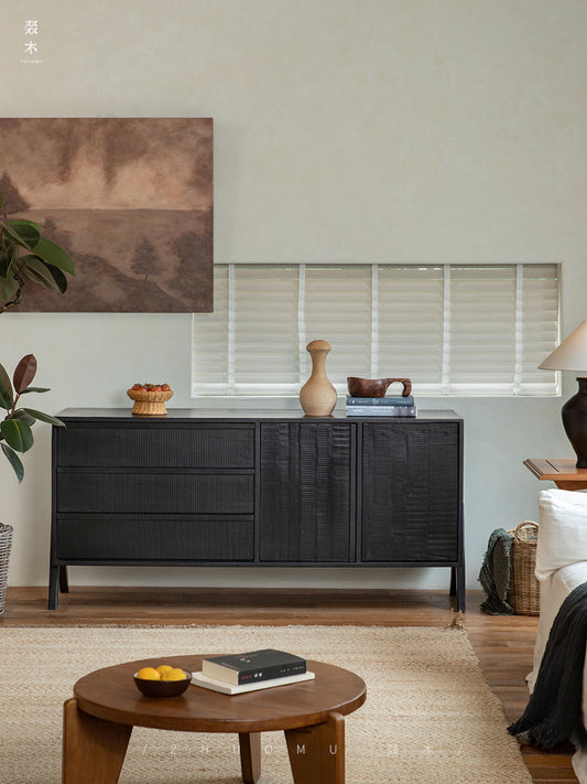 black wood furniture, carbonized sideboard, wabi sabi cabinet, handcrafted credenza, modern black buffet, carbonized teak, minimalist furniture, piexlculpt