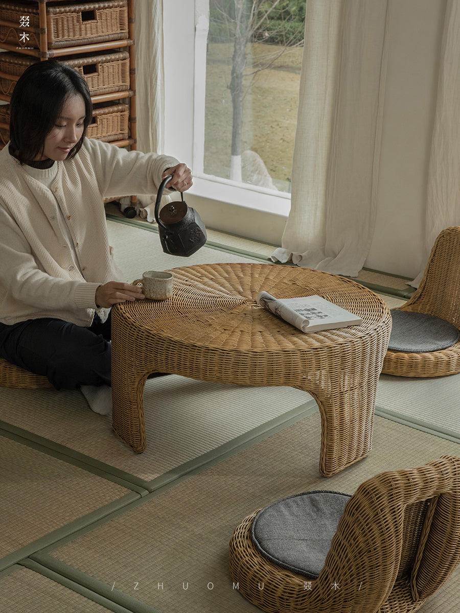 rattan tea set, rattan table and chairs, handwoven rattan furniture, round rattan table, bamboo tea table set, natural rattan decor, japanese tatami furniture, boho rattan furniture, artisan rattan set