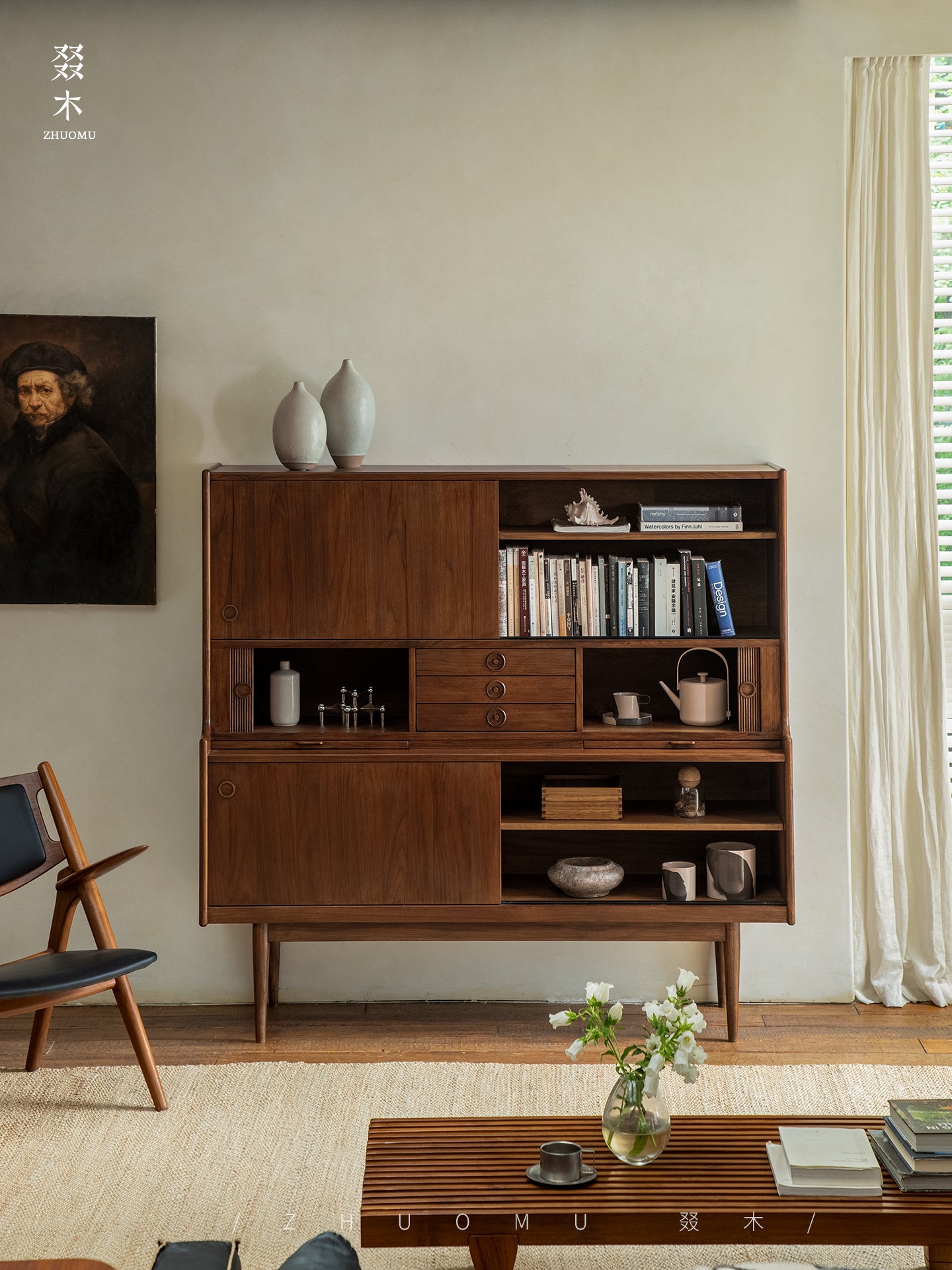 mid century teak sideboard, tambour door cabinet, teak credenza, handcrafted teak furniture, danish modern sideboard, mcm furniture, vintage teak cabinet, solid wood buffet, minimalist teak console