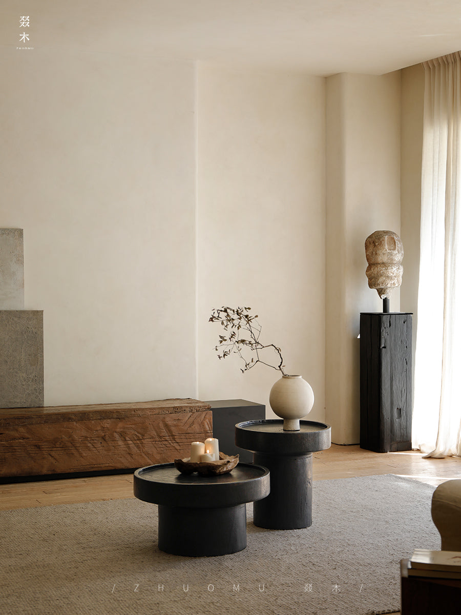 inkan side table, sculptural coffee table, solid wood side table, wabi sabi furniture, piexlculpt studio, japanese minimalist decor, wooden accent table, zen interior table, handcrafted wood furniture, round sculptural table