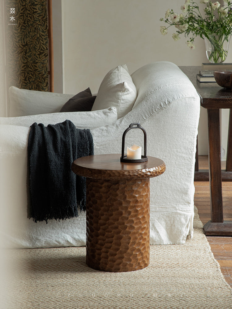 wood side table, solid wood accent table, hammered wood table, handmade wooden furniture, sculptural side table, rustic solid wood furniture, artisan carved table, textured wood decor, natural wood end table