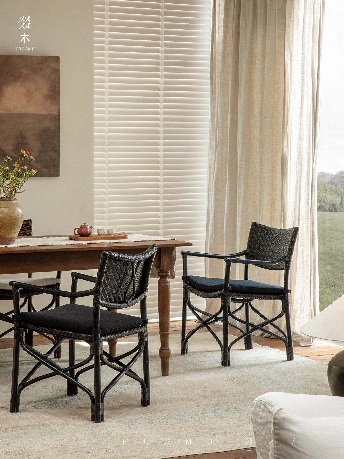 rattan dining chair, rattan armchair, black rattan chair, handwoven rattan furniture, bamboo dining chair, natural rattan seating, handcrafted rattan chair, southeast asian rattan furniture, minimalist dining chair