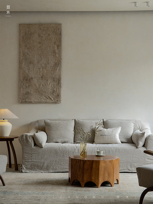 solid wood side table, handcrafted accent table, octagon round table, natural wood furniture, sculptural coffee table, wabi-sabi furniture, minimalist teak side table, artisan wooden table, japanese scandi furniture