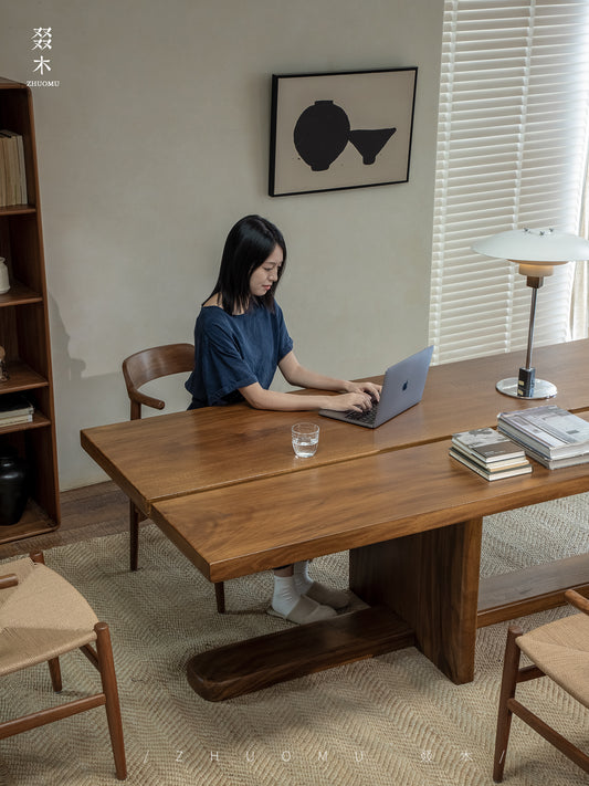 axis table, sculptural desk, solid wood desk, wood work table, modern minimalist furniture, handcrafted furniture, piexlculpt studio, wooden display table, long wooden table, wabi sabi furniture