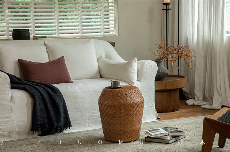 rattan side table, round rattan table, rattan stool, handwoven rattan furniture, bamboo accent table, natural rattan decor, boho rattan furniture, artisan rattan table, southeast asian furniture, japanese wabi-sabi decor