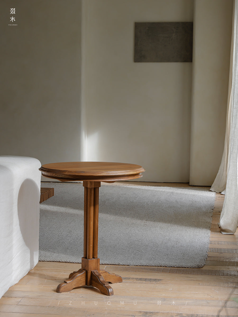 mori side table, solid wood end table, round side table, japanese minimalist furniture, wabi sabi furniture, handcrafted wood table, piexlculpt studio, zen furniture, wooden bedside table, natural oak side table