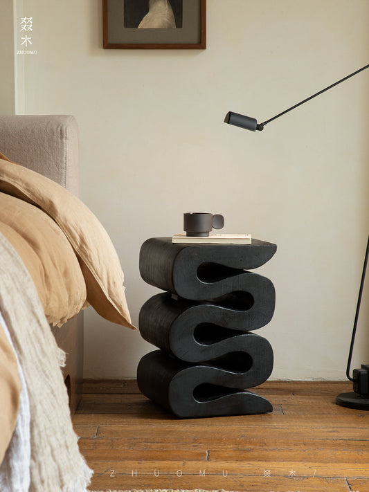 waveform side table, sculptural wooden table, solid wood furniture, organic design, hand-carved table, wabi sabi decor, carbon black furniture, minimalist wood stool, piexlculpt studio