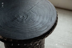 wood side table, solid wood accent table, hammered wood table, handmade wooden furniture, sculptural side table, rustic solid wood furniture, artisan carved table, textured wood decor, natural wood end table