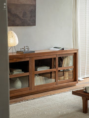 teak glass sideboard, sliding door cabinet, solid wood TV console, handcrafted teak furniture, minimalist teak buffet, artisan wood furniture, wabi-sabi furniture, boho teak cabinet, japanese scandi teak furniture
