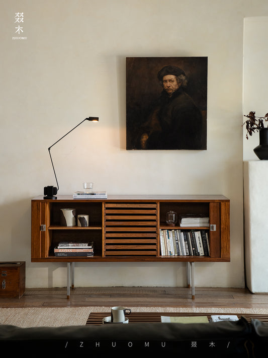 tambour sideboard, teak media console, mid century teak cabinet, teak sideboard, roll door cabinet, danish modern furniture, handcrafted wood furniture, teak buffet cabinet, piexl sculpt studio