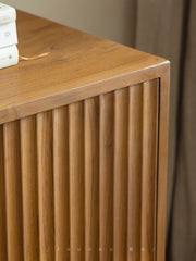 fluted wood cabinet, teak sideboard, handcrafted teak furniture, solid wood buffet, vertical groove cabinet, minimalist teak furniture, artisan wood furniture, wabi-sabi cabinet, boho teak sideboard, japanese scandi furniture