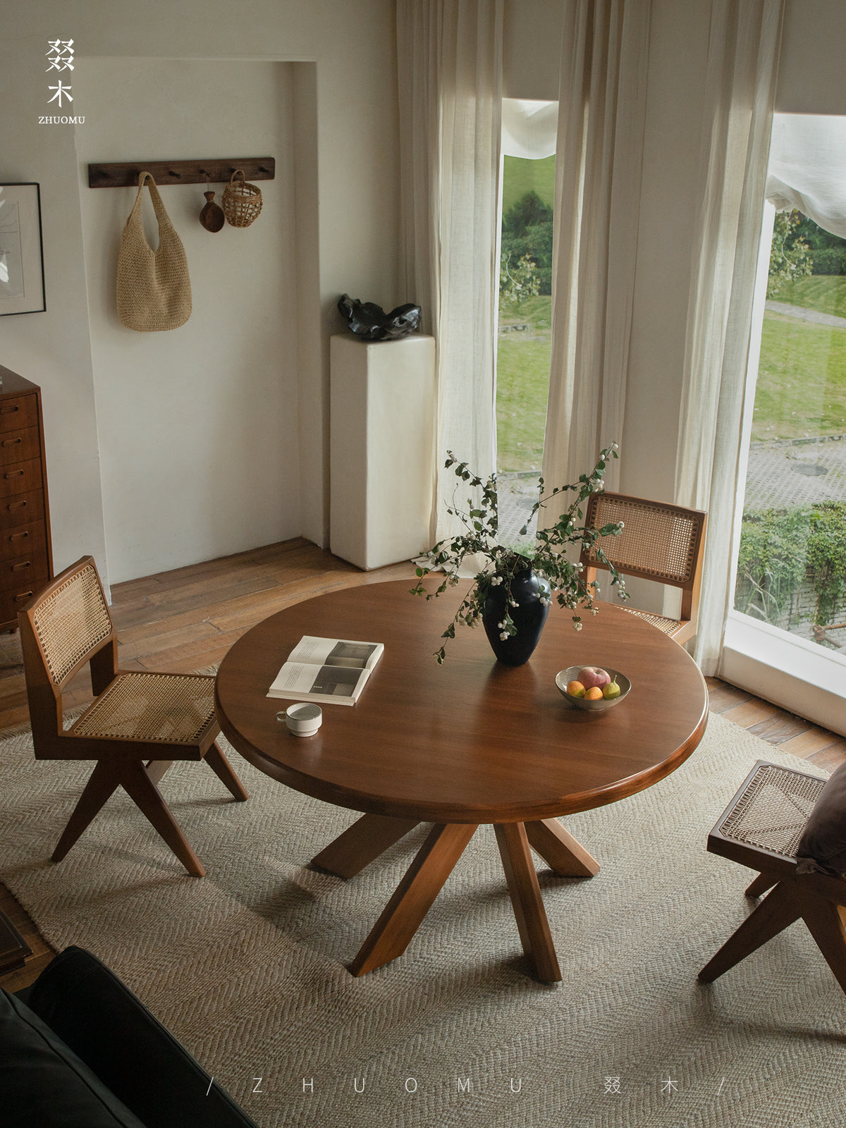 nami dining table, round teak table, solid wood table, wabi sabi furniture, japanese minimalist dining table, handcrafted round table, piexlculpt studio, zen furniture, french vintage design, teak dining table