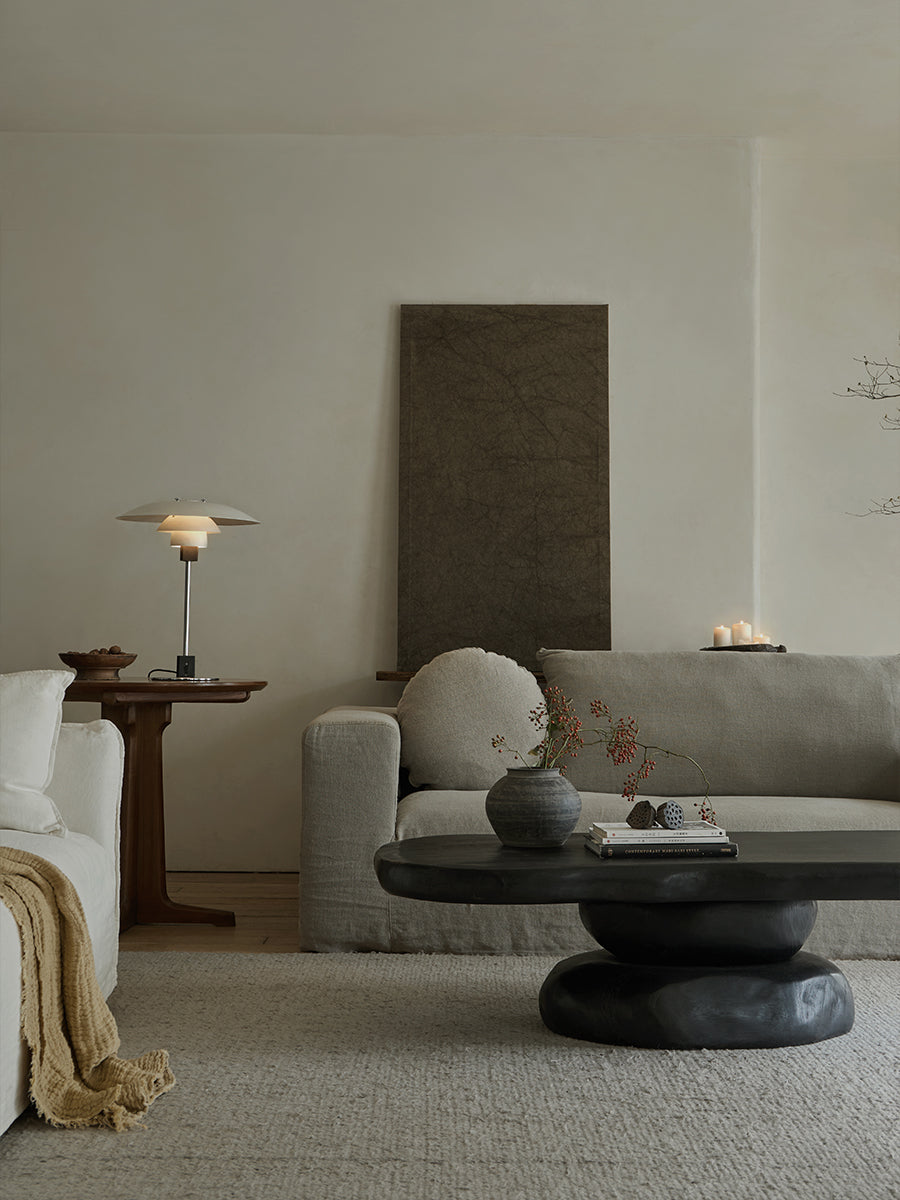 ryozen coffee table, solid wood tea table, zen furniture, wabi sabi coffee table, japanese minimalist furniture, handcrafted wooden table, piexlculpt studio, modern zen interior, natural oak table,