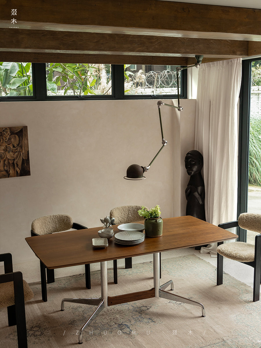 eiri dining table, solid wood dining table, metal frame table, japanese minimalist furniture, modern wabi sabi furniture, handcrafted long table, piexlculpt studio, scandinavian japanese design, solid wood work desk