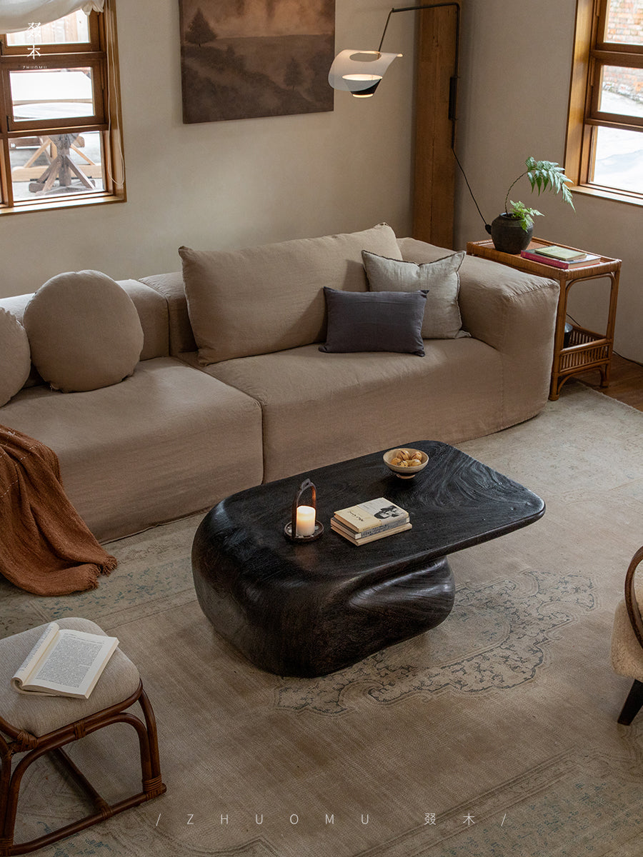 wood coffee table, sculptural wood furniture, solid wood center table, organic form coffee table, handmade wooden table, rustic artisan furniture, modern natural decor, carved wood centerpiece, solid wood art furniture