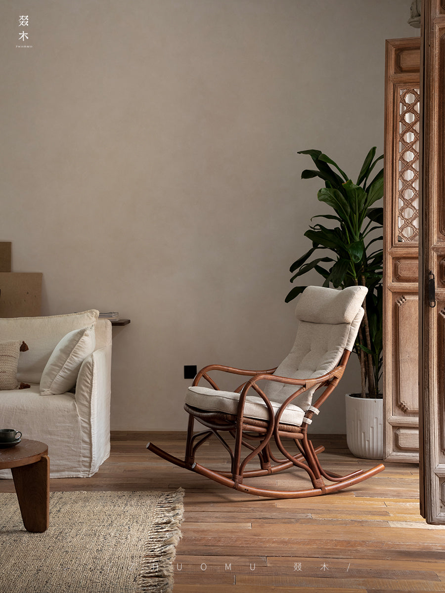 rattan rocking chair, rattan recliner, handwoven rattan furniture, natural rattan chair, bohemian interior, artisan rocking chair, lounge rattan seat, handcrafted rattan rocker