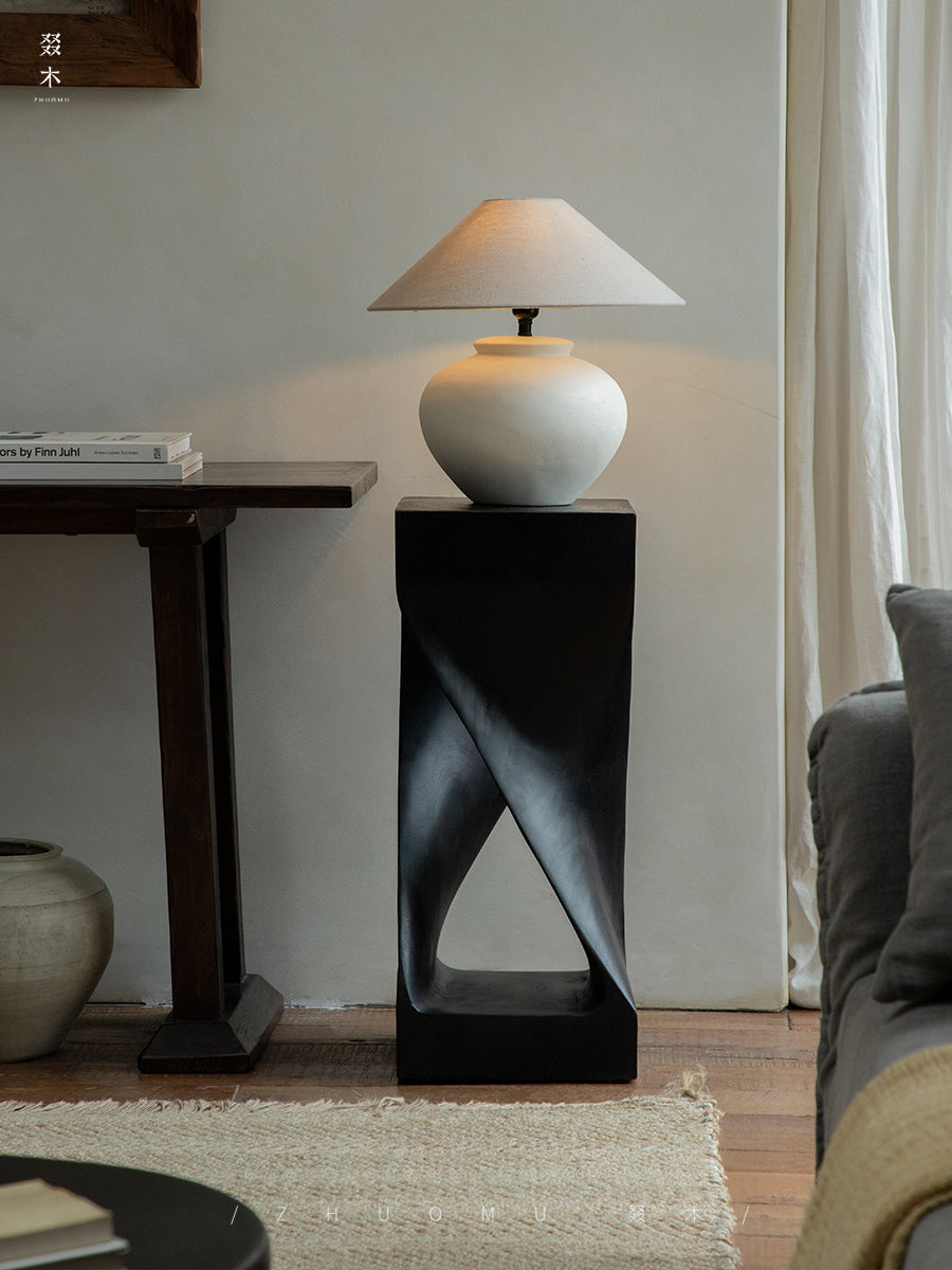 twist side table, sculptural wood stool, solid wood side table, carbon black furniture, wabi sabi furniture, minimalist furniture, piexlculpt studio, wooden pedestal table, organic design