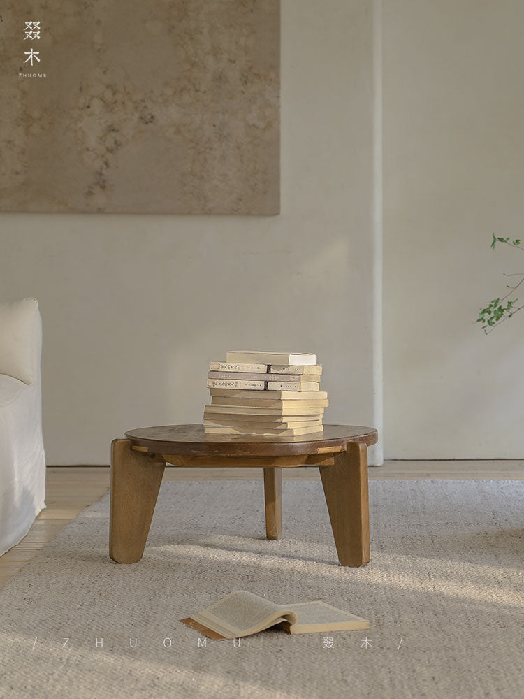 kiyo coffee table, round tea table, solid wood wabi sabi furniture, japanese minimalist furniture, zen table, handcrafted wooden table, low table, piexlculpt studio, natural oak coffee table, modern wabi sabi decor