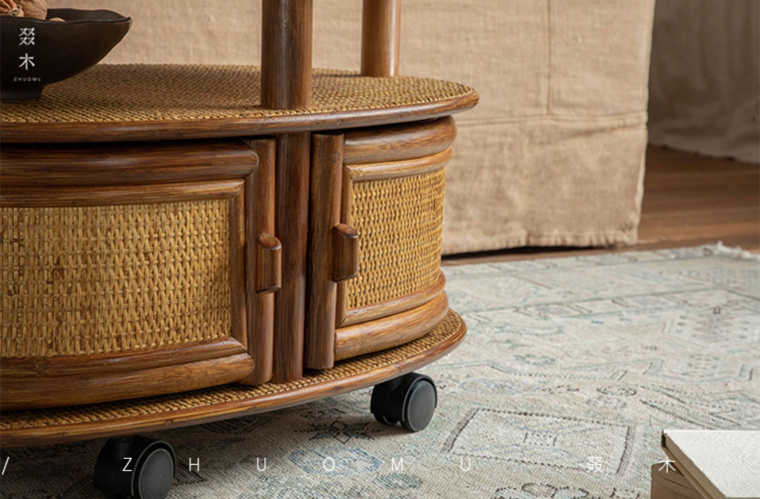 rattan tea table, rattan side table, rolling rattan cart, handwoven rattan furniture, vintage bamboo cart, natural rattan storage, bohemian furniture, artisan rattan table, living room tea cart, Japanese style rattan table