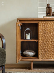 ripple wood cabinet, teak sideboard, solid wood buffet, handcrafted teak furniture, textured wood cabinet, artisan carved sideboard, wabi-sabi furniture, boho wood furniture, japanese scandi teak, handmade wooden buffet