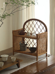 rattan shelf, rattan storage rack, handwoven rattan organizer, bamboo shelf, natural rattan furniture, double layer rack, vintage rattan decor, handcrafted rattan shelf, boho home organizer, artisan rattan storage