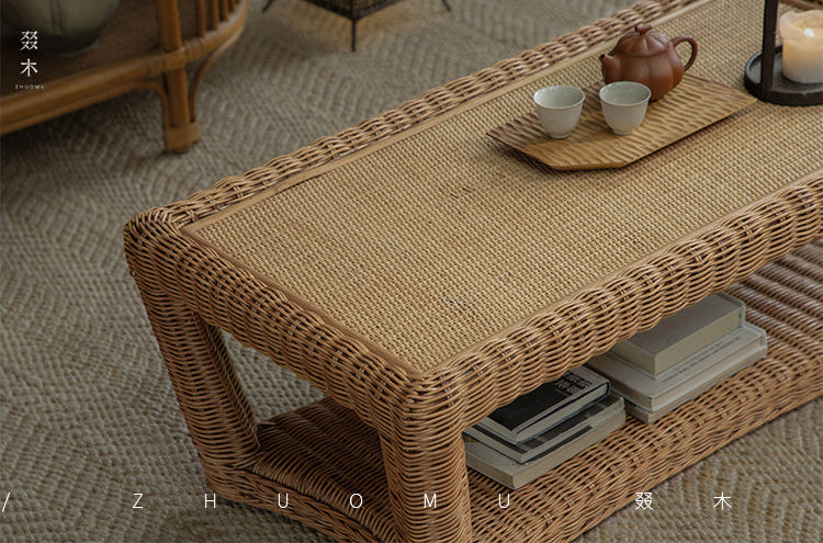 rattan coffee table, rattan tea table, handwoven rattan furniture, bamboo table, natural rattan decor, double layer coffee table, japanese wabi-sabi furniture, handcrafted rattan table, boho living room decor