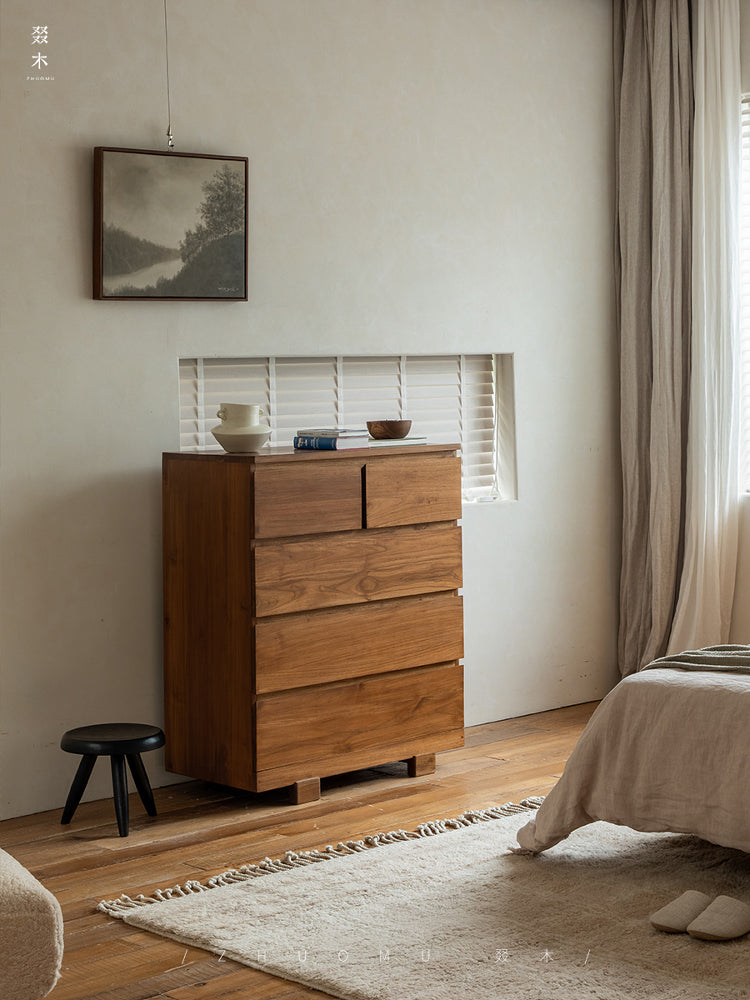 teak chest of drawers, solid wood dresser, handcrafted storage cabinet, minimalist wood furniture, artisan teak furniture, wabi-sabi furniture, handmade wooden dresser, natural teak cabinet, japanese scandi furniture