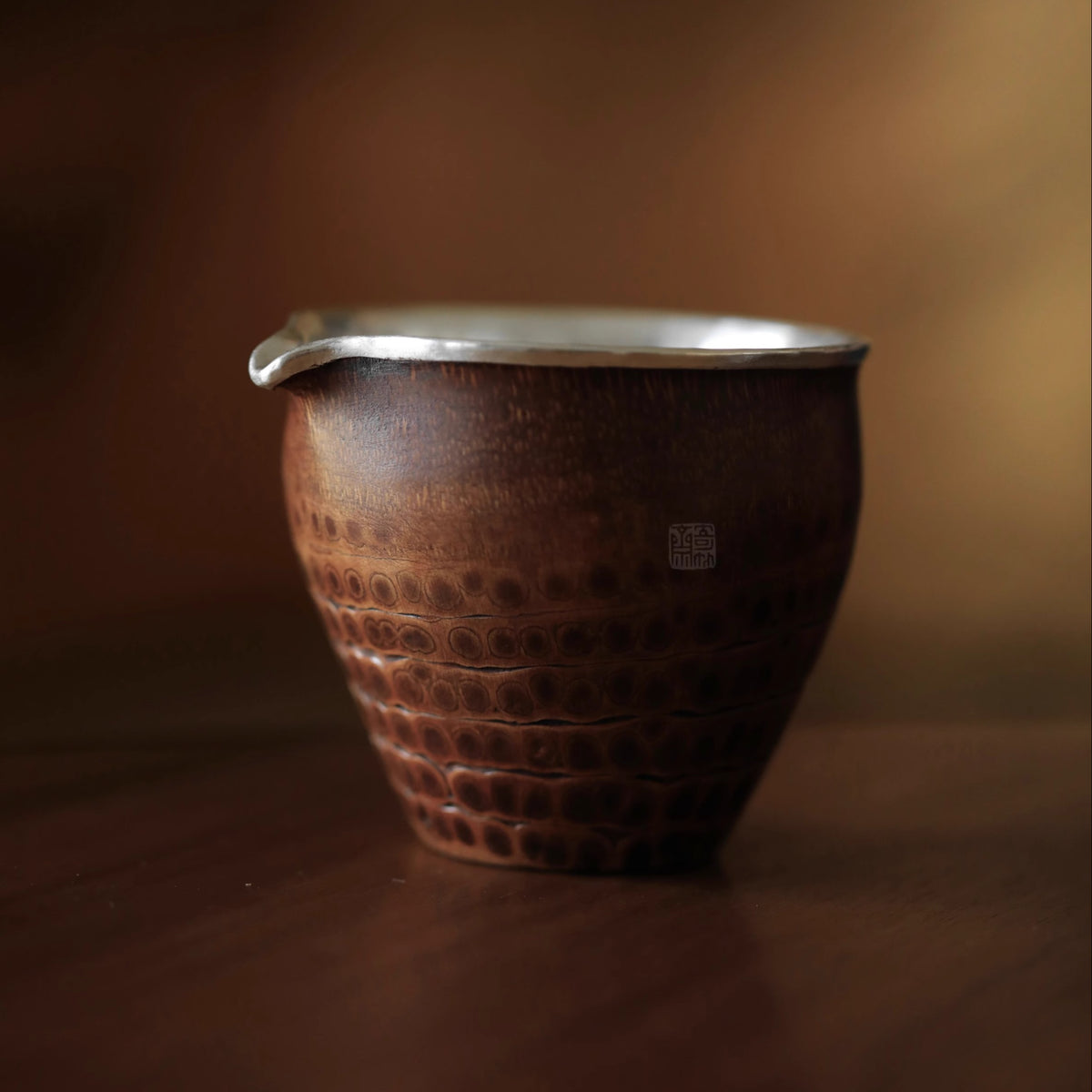 bamboo root tea cup, fair cup, gongdao cup, silver edge tea pitcher, handcrafted tea accessories, wooden tea ware, Japanese tea ceremony, Chinese tea set, handmade tea pitcher, artisanal teaware, Piexlculpt Studio
