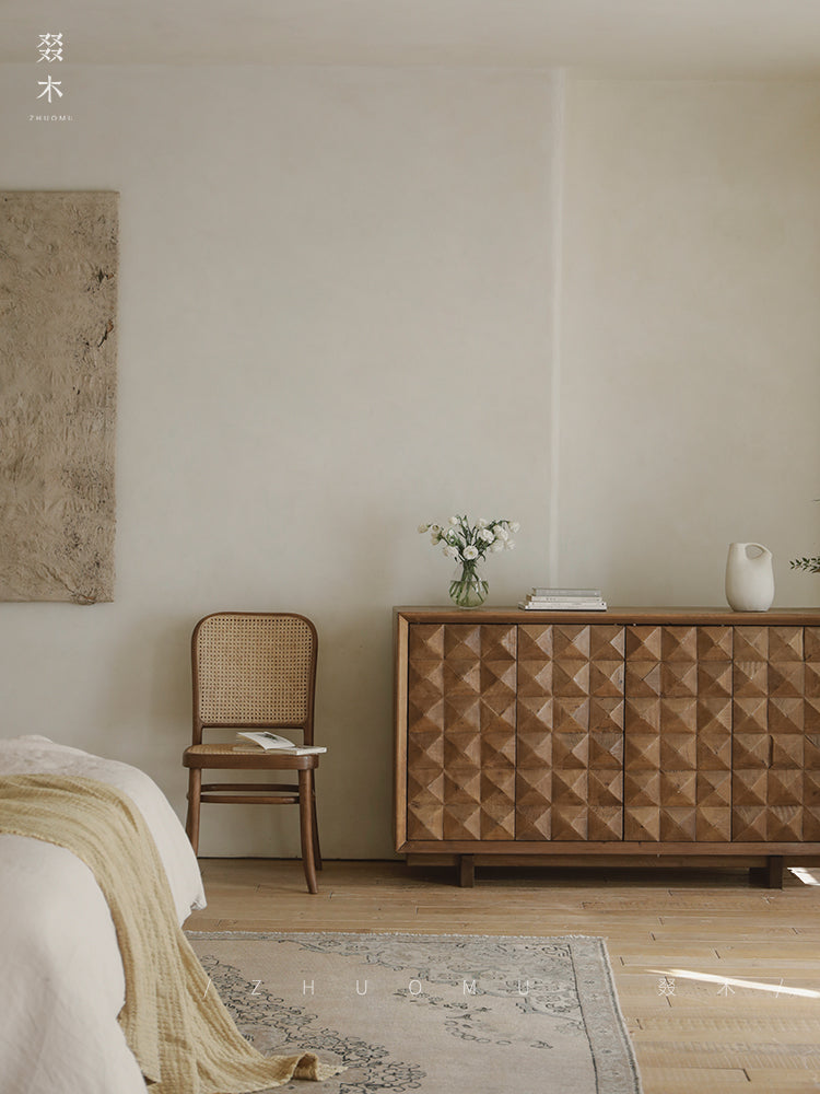 carved wood sideboard, solid wood cabinet, geometric furniture, handcrafted buffet, artisan storage cabinet, minimalist wood furniture, wabi-sabi sideboard, boho home furniture, modern natural wood cabinet