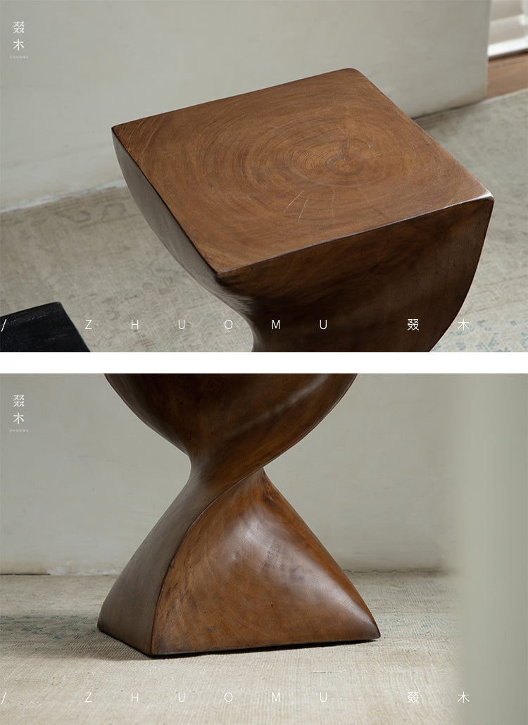 wood pedestal table, solid wood plant stand, sculptural wood side table, twist wooden table, handmade wood decor, rustic accent furniture, modern wood pedestal, artisan carved furniture, natural wood display stand