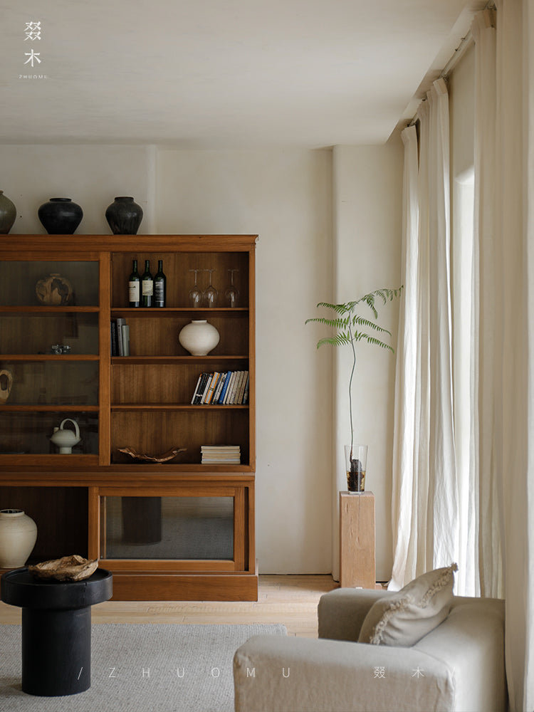 handcrafted wood cabinet, solid wood bookshelf, glass door cabinet, sliding wood cabinet, natural wood furniture, artisan wood furniture, minimalist storage cabinet, wabi-sabi furniture, boho wood shelf