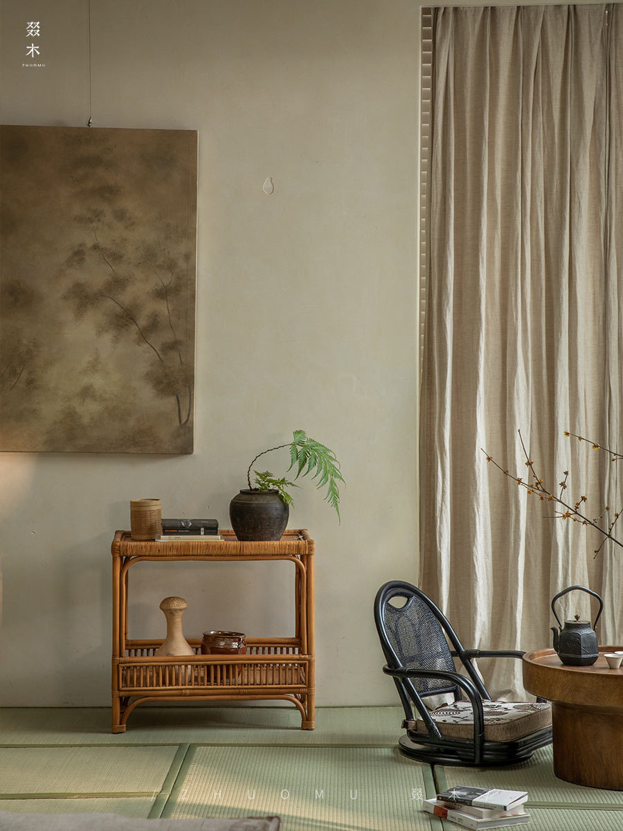 rattan floor chair, tatami chair, rattan swivel chair, handwoven rattan furniture, Japanese floor chair, bohemian interior, tea room seating, handcrafted rattan seat