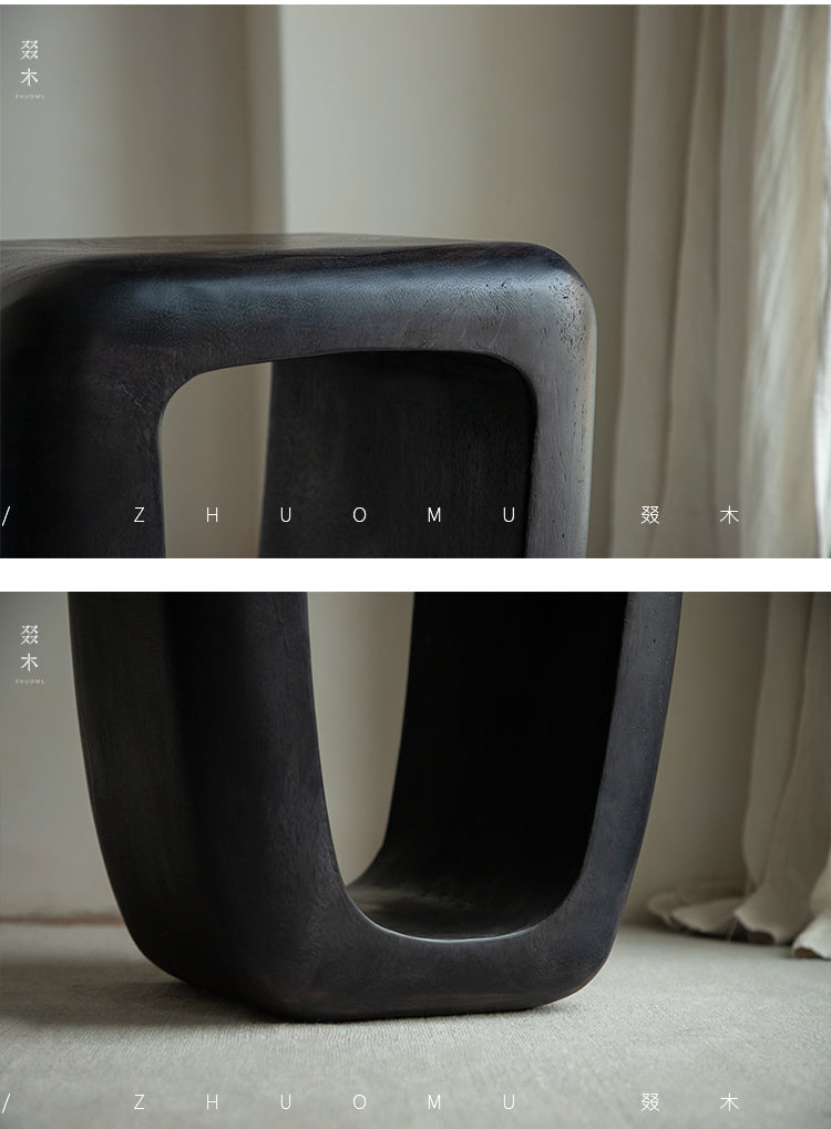 void side table, hollow wood stool, sculptural wood furniture, solid wood table, carbon black finish, minimalist furniture, wabi sabi design, piexlculpt studio, organic form furniture