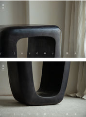 void side table, hollow wood stool, sculptural wood furniture, solid wood table, carbon black finish, minimalist furniture, wabi sabi design, piexlculpt studio, organic form furniture