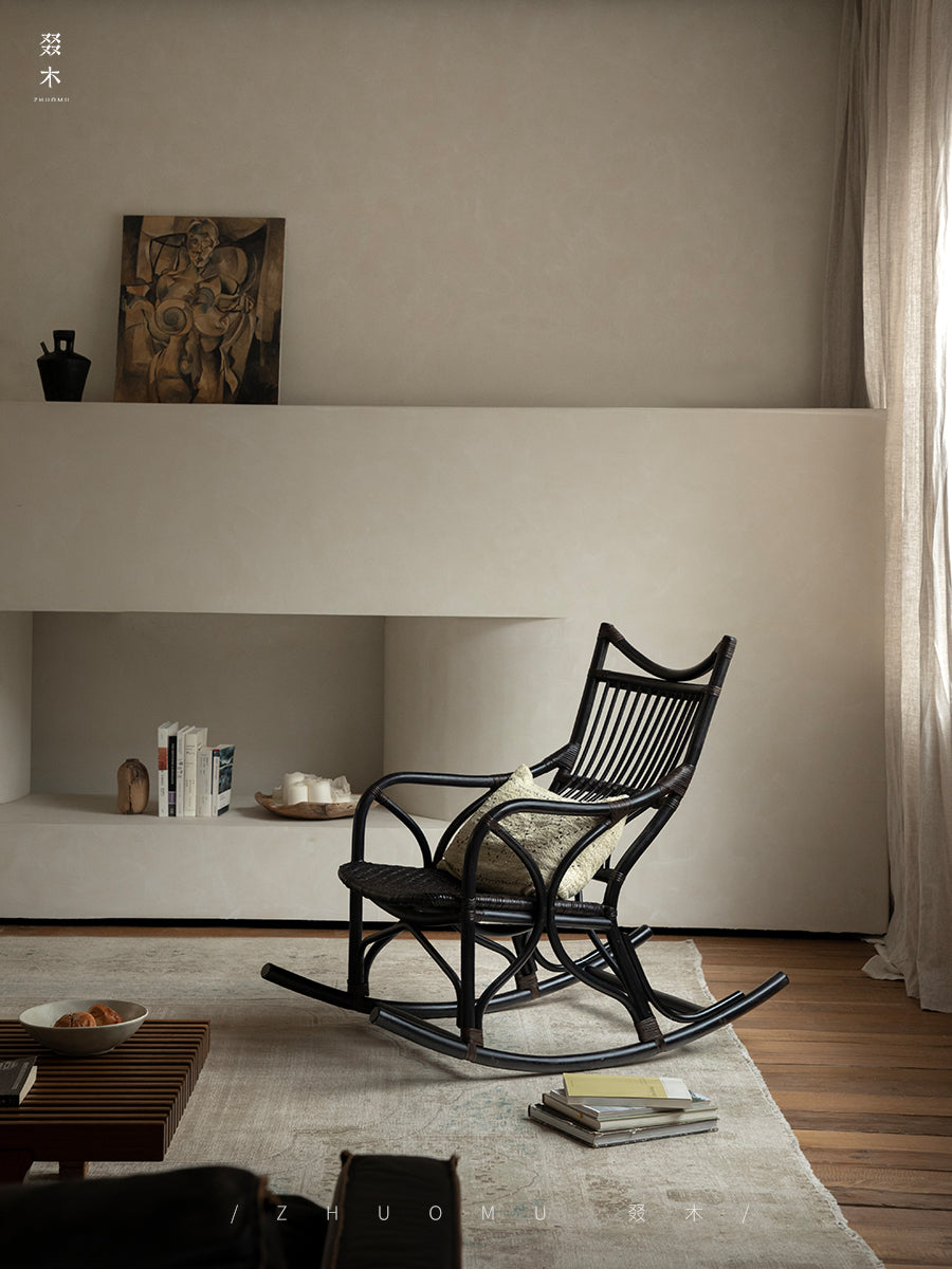 rattan rocking chair, rattan recliner, handwoven rattan furniture, natural rattan chair, bohemian interior, artisan rocking chair, lounge rattan seat, handcrafted rattan rocker