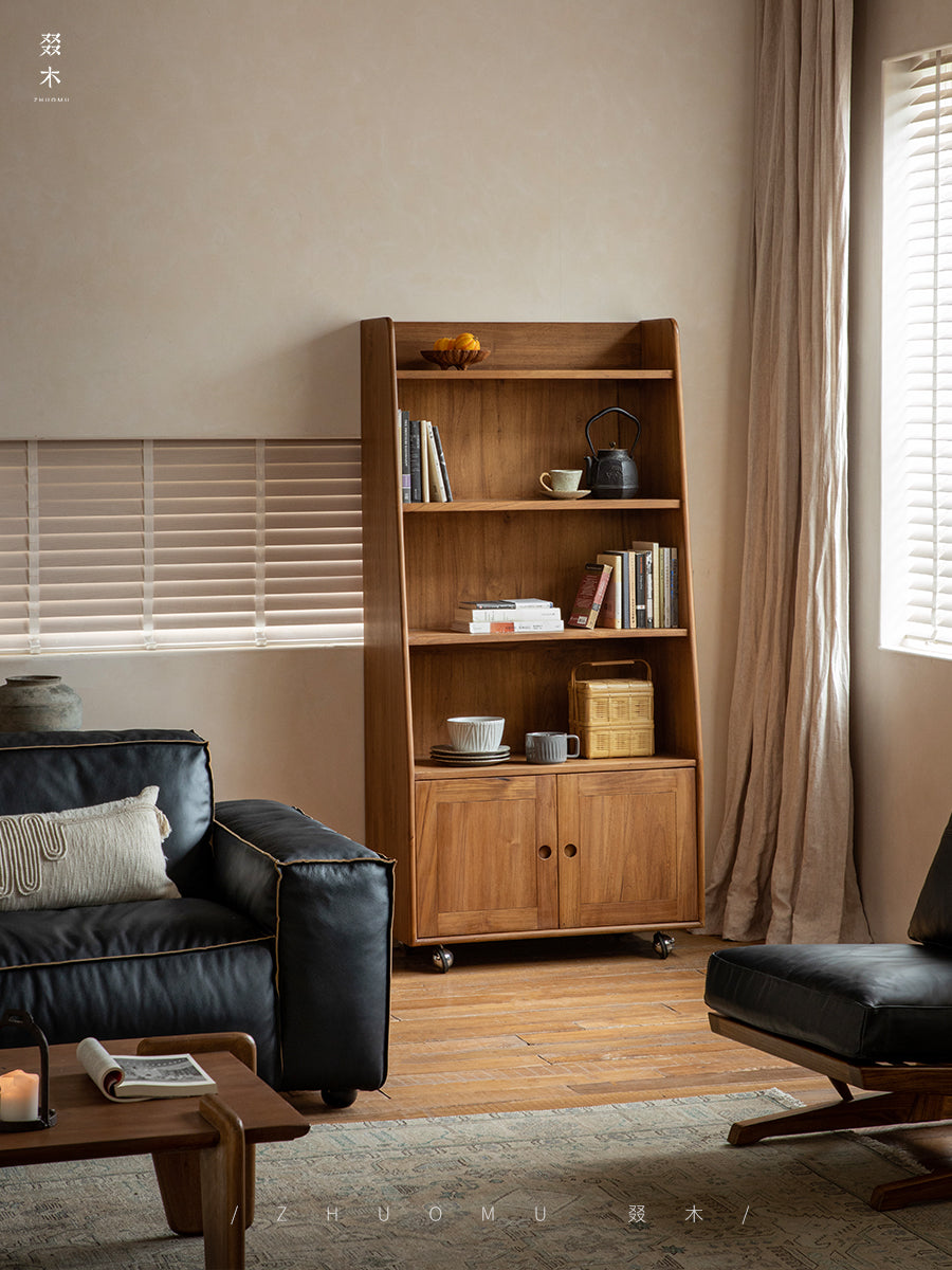 teak bookshelf, rolling cabinet, movable wood shelf, solid teak furniture, mid century furniture, teak storage cabinet, wooden bookshelf with wheels, handcrafted teak furniture, indonesian teak cabinet, piexlculpt studio